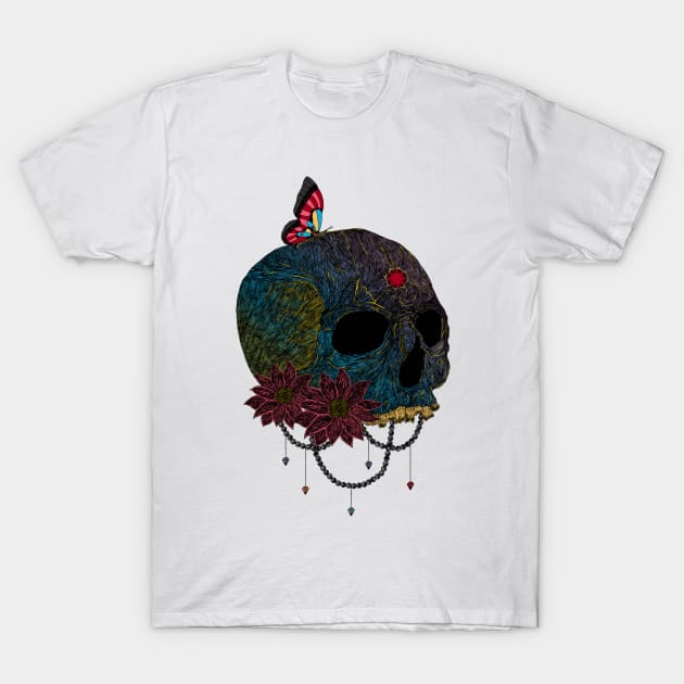 Butterfly On Colorful Skull Creepy Artist Graphic T-Shirt by theperfectpresents